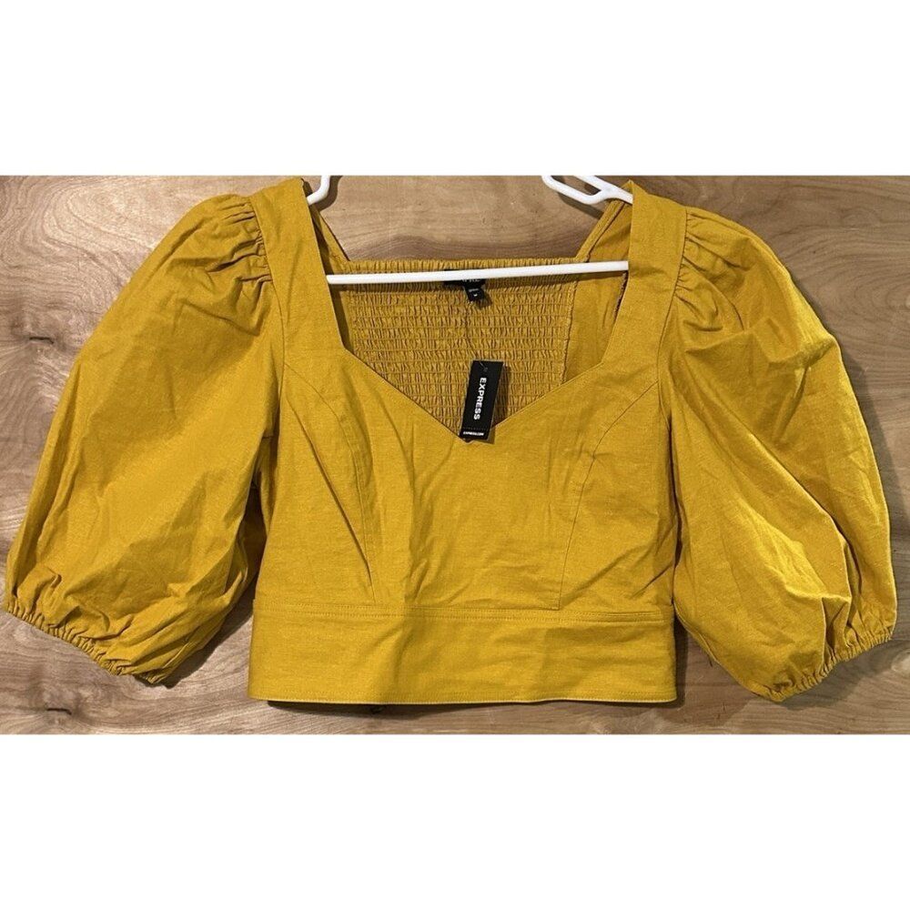 NWT Express woman’s Med linen blend puff sleeve smocked cropped top yellow Boho